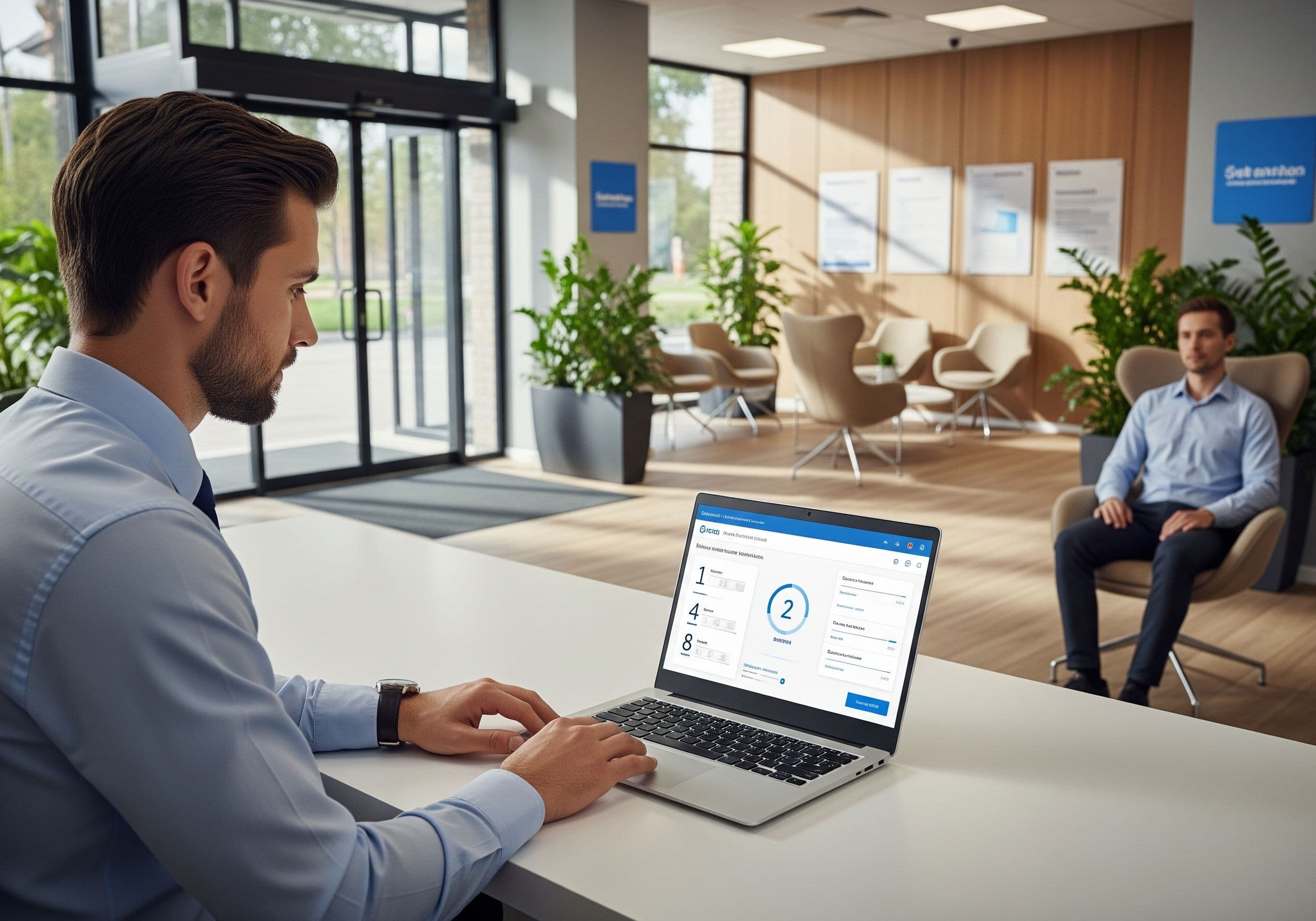 Employee using a cloud queue management dashboard – Staff member monitoring real-time customer flow and wait times on a cloud-based queue management dashboard.